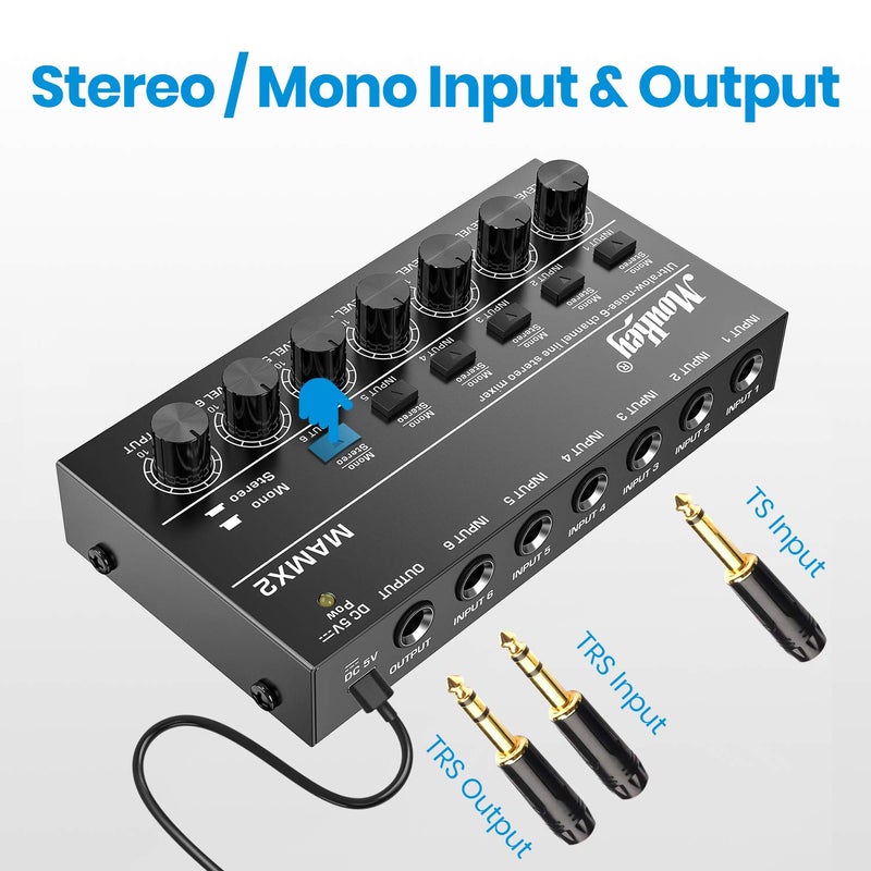 Moukey Audio Mixer, DC 5V, 6 Stereo Ultra, Low Noise 6 Channel Line Mixer for Sub-Mixing, for Small Clubs or Bars, As Guitars, Bass, Keyboards Mixer, MAMX2 - Image 2